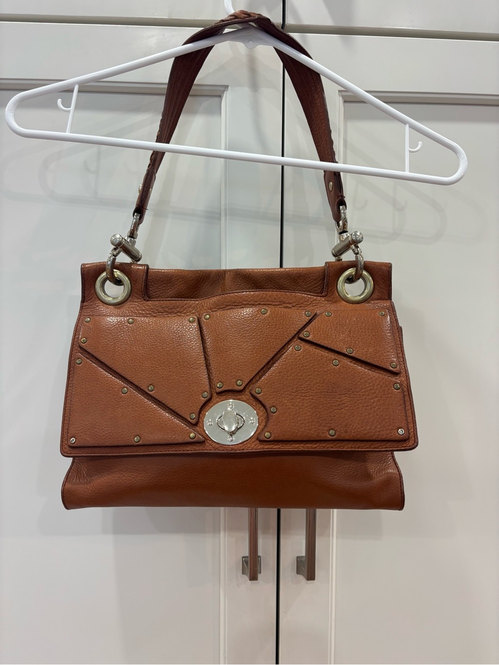 Brown Leather Panel Shoulder Bag with Turn-Lock Accent